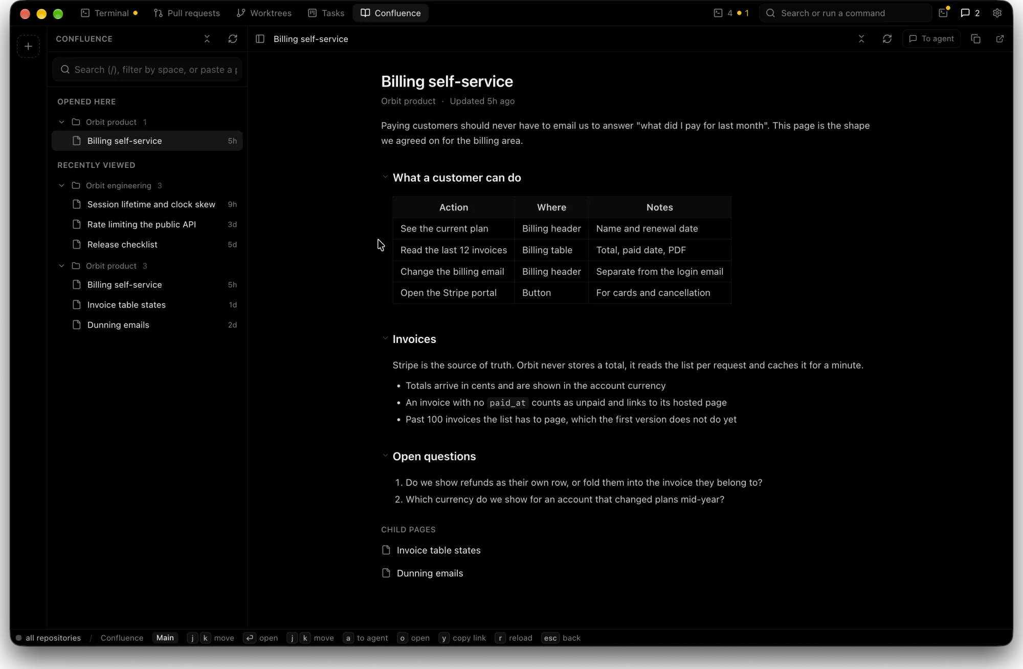 A Confluence page open next to the code it describes