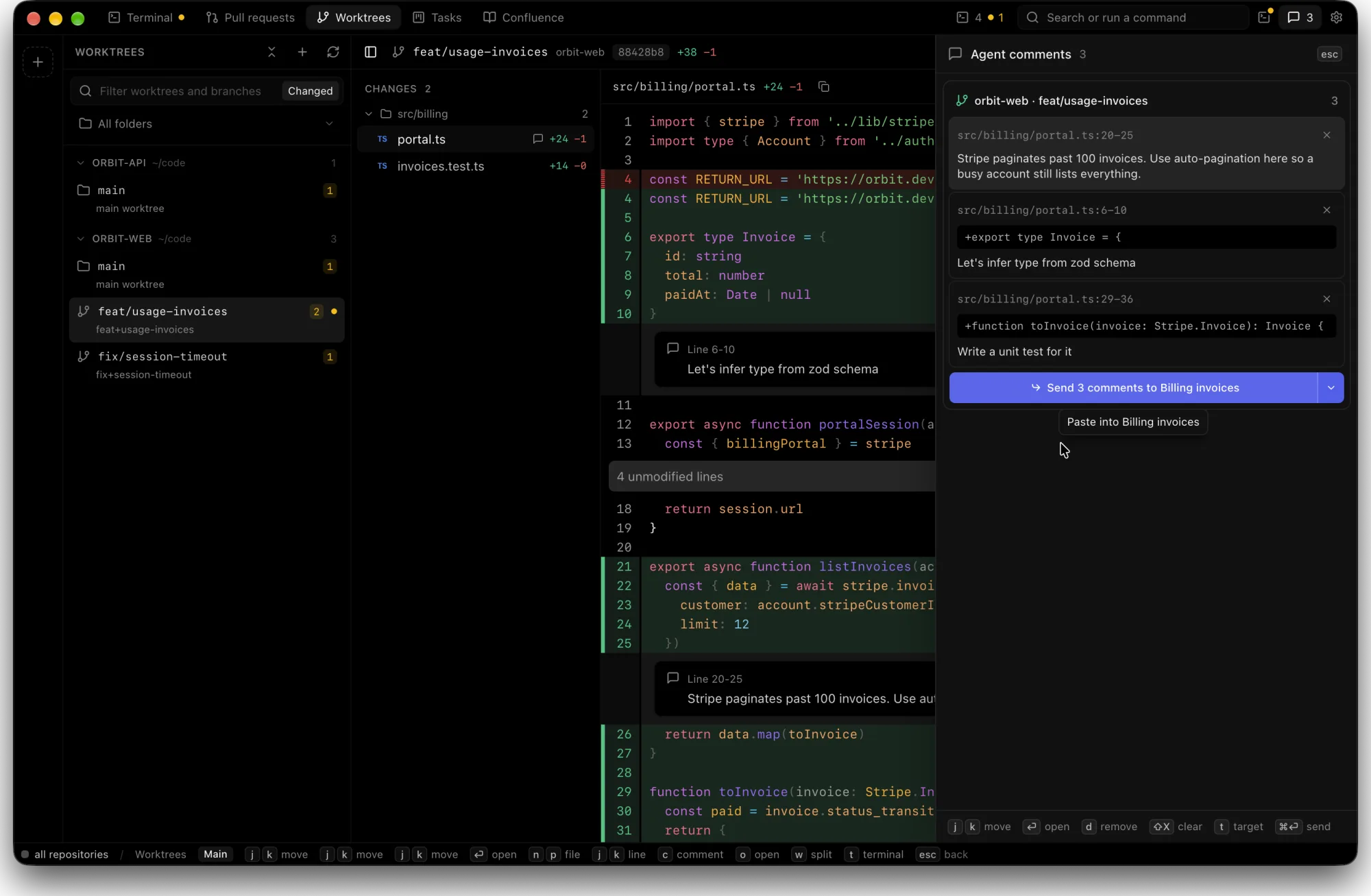 The agent comments drawer, ready to send three line comments to the Claude Code session running in that worktree