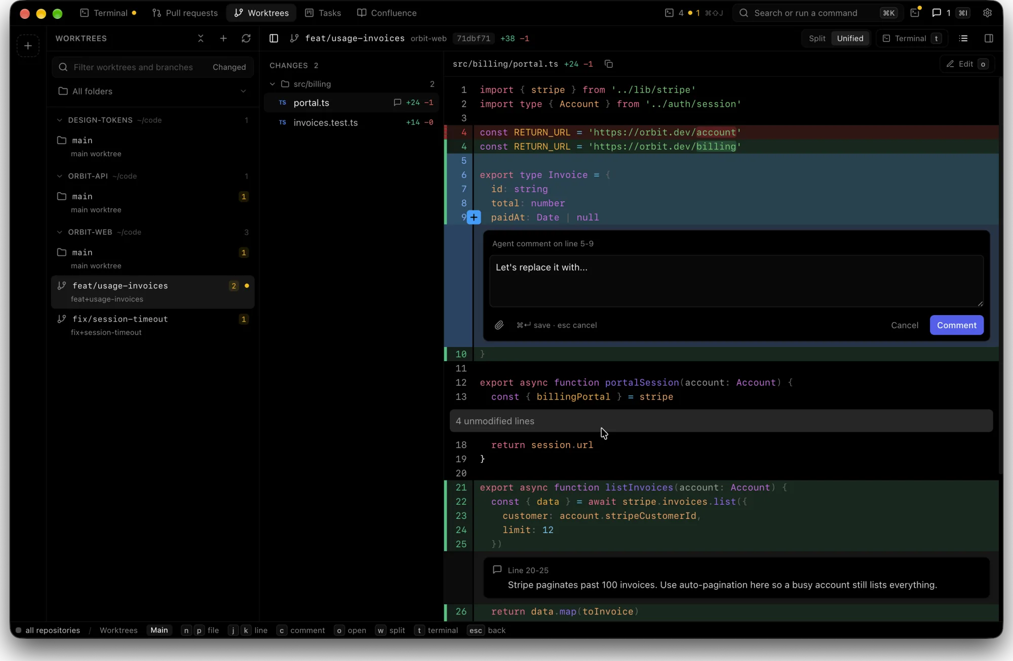 Treeix showing the diff of the feat/usage-invoices worktree, with a comment being written on lines 5 to 9
