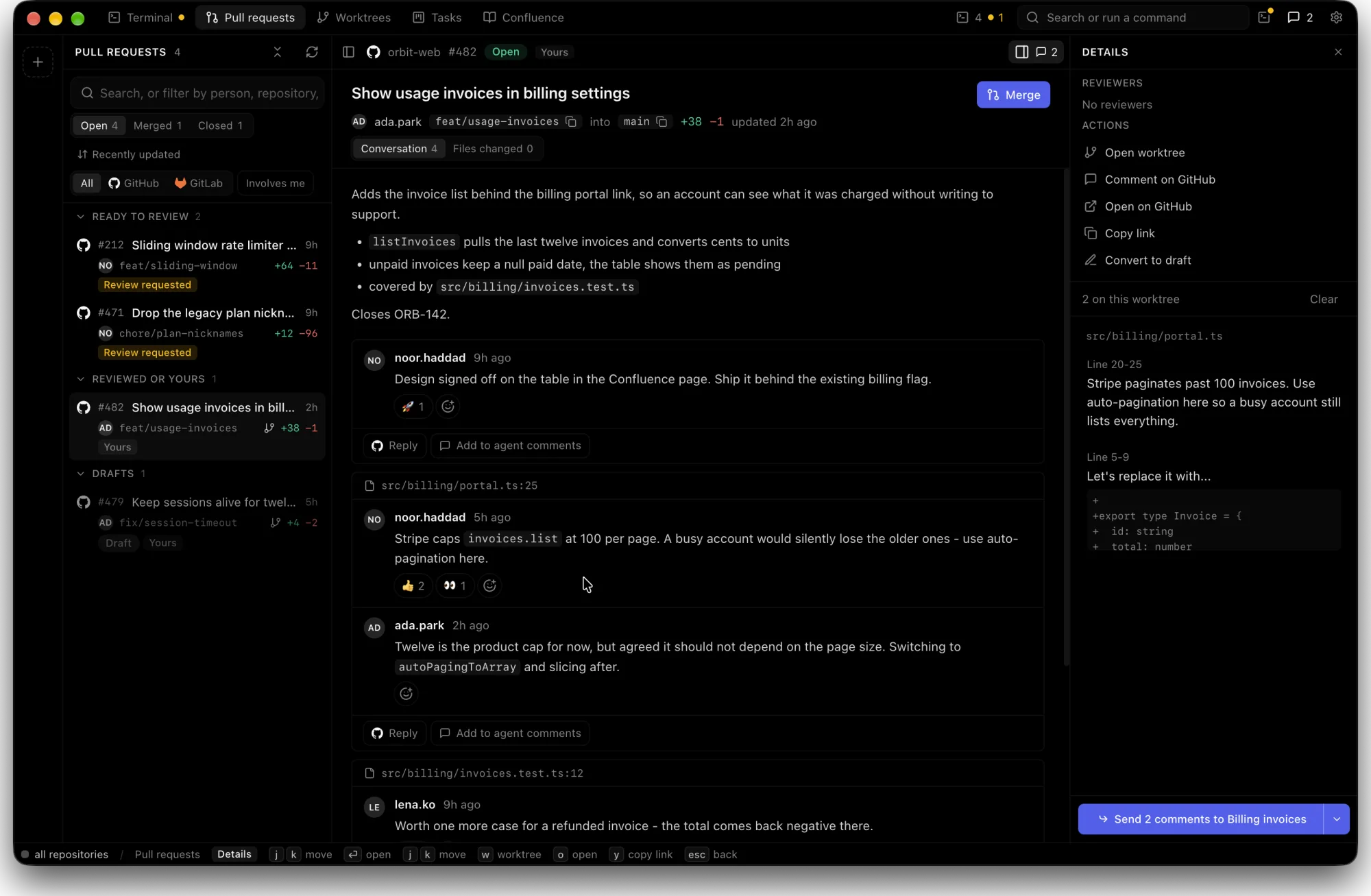 A pull request with review threads and the Add to agent comments button