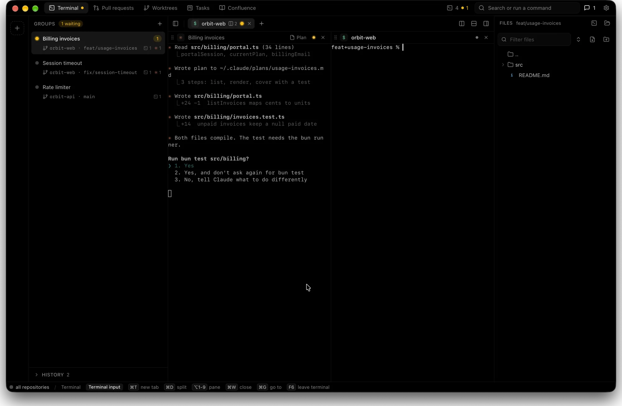 Terminal page with one group per agent and a badge on the session waiting for an answer